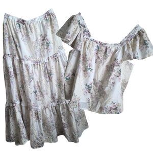 Solitaire Floral Eyelet Maxi Skirt & Flutter Sleeve Set Sz M NWT Cottage Prairie